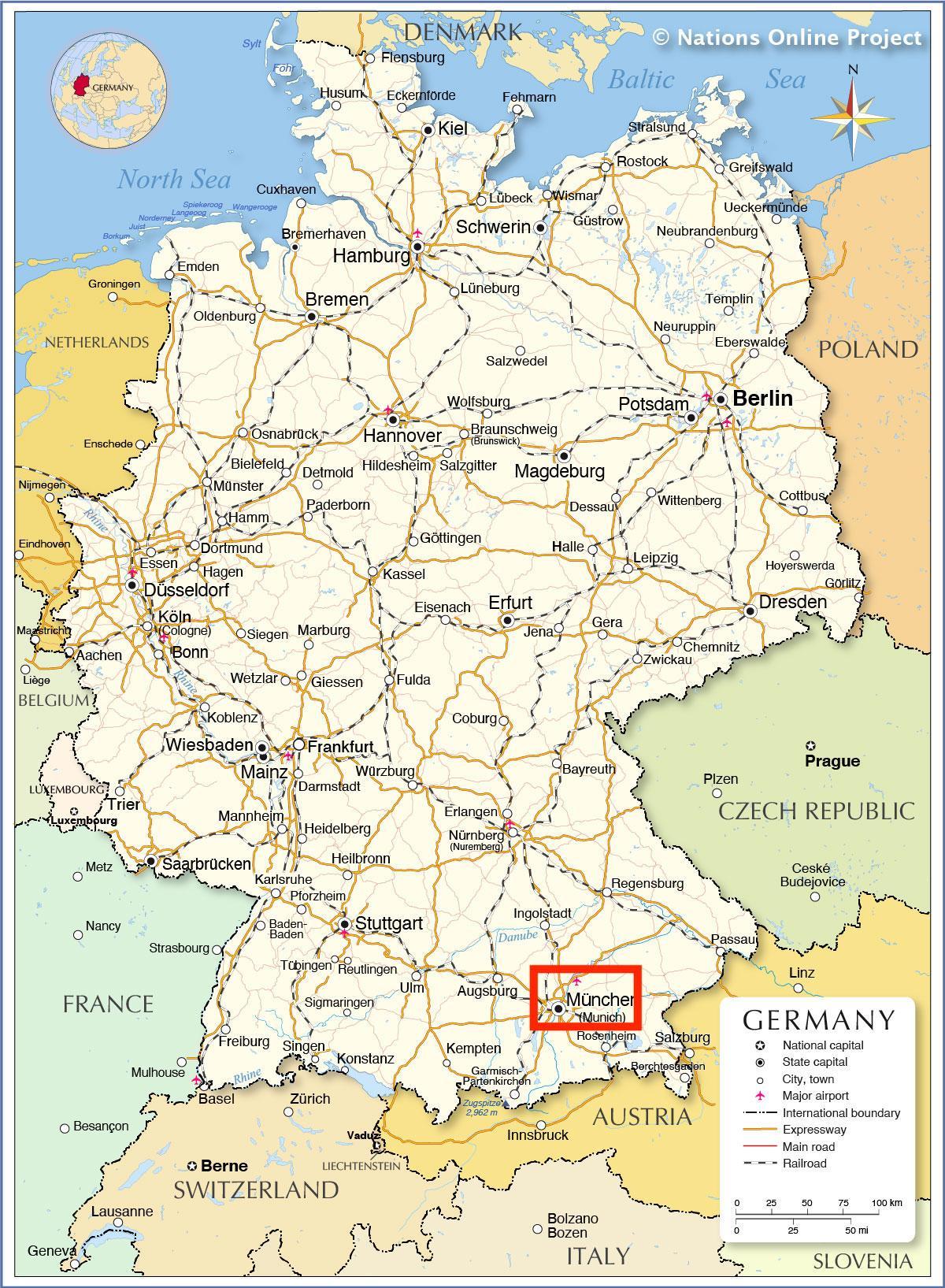 巴伐利亚州的慕尼黑 - 德国地图